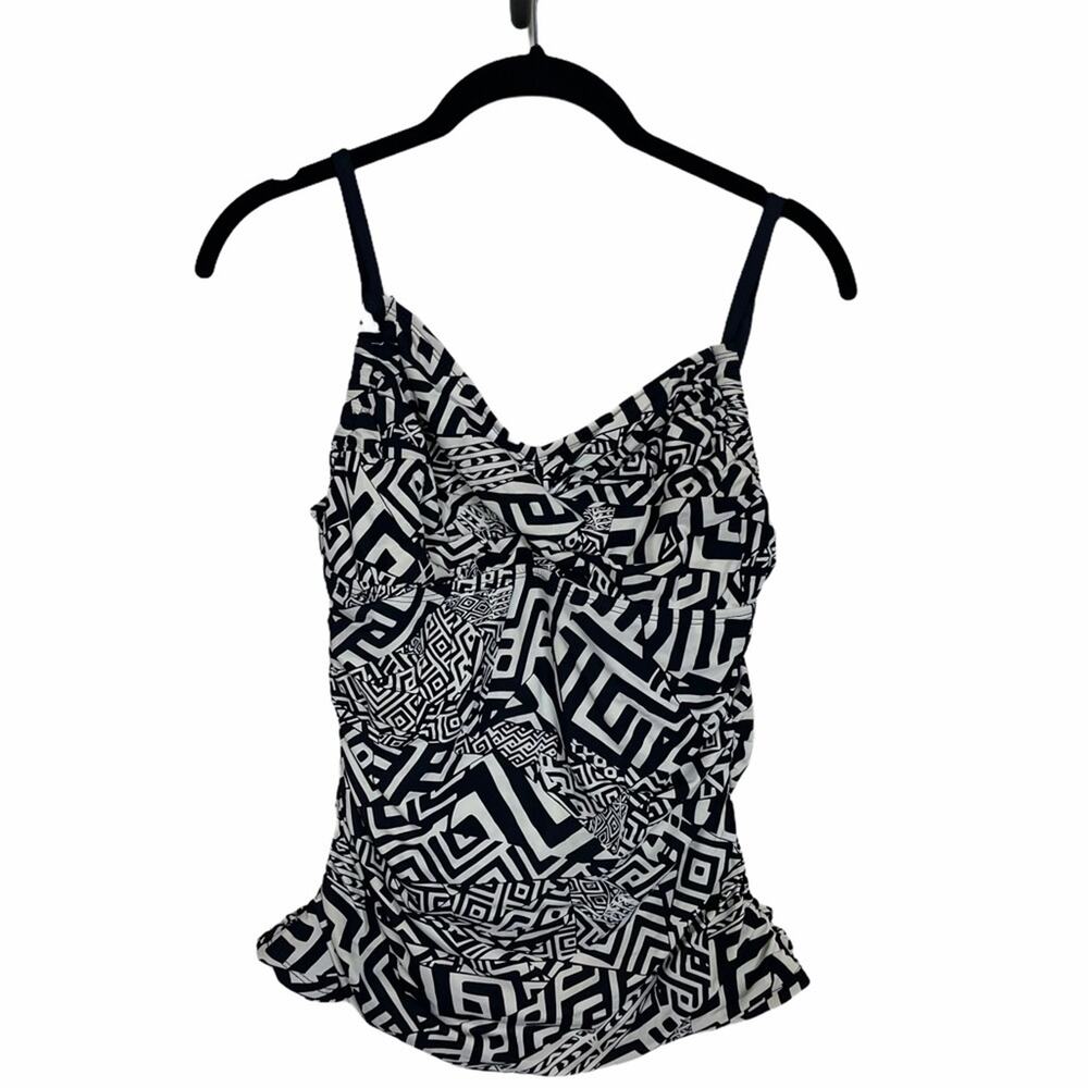 Geometric Print Ruched Tankini Beige Black Print S
